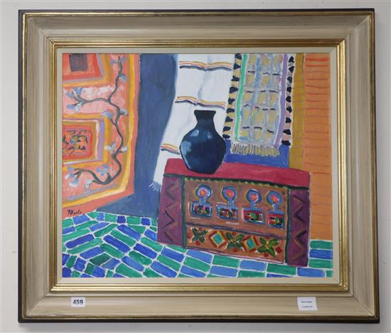 John Pawle (1915-2010), oil on panel, Still life of a vase on a chest, tiled floor to the foreground, signed, 50 x 60cm